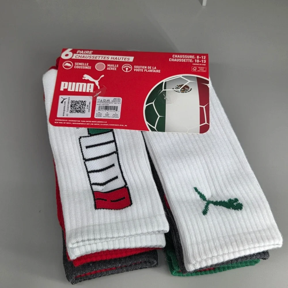Puma Crew‎ Socks Mens 10-13 6 Pair Mexico Soccer Colors Athletic Sportswear